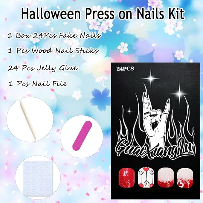 Valentines French Tip Press on Nails Short Square False Nails Red Heart Valentines Nails Design Glossy Glue on Nails Artificial Stick on Nails Full Cover Acrylic Nails for Girls Women 24Pcs