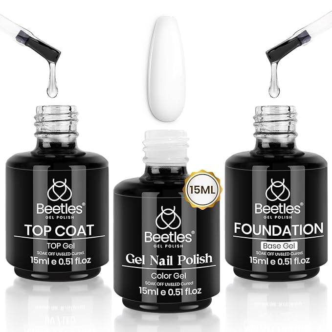 Beetles 3Pcs 15ml White Gel Nail Polish and No Wipe Gel Top Coat & Base Coat Set, Soak Off UV Lamp and Long Lasting Glossy Top Coat French Manicure Art Design Kit