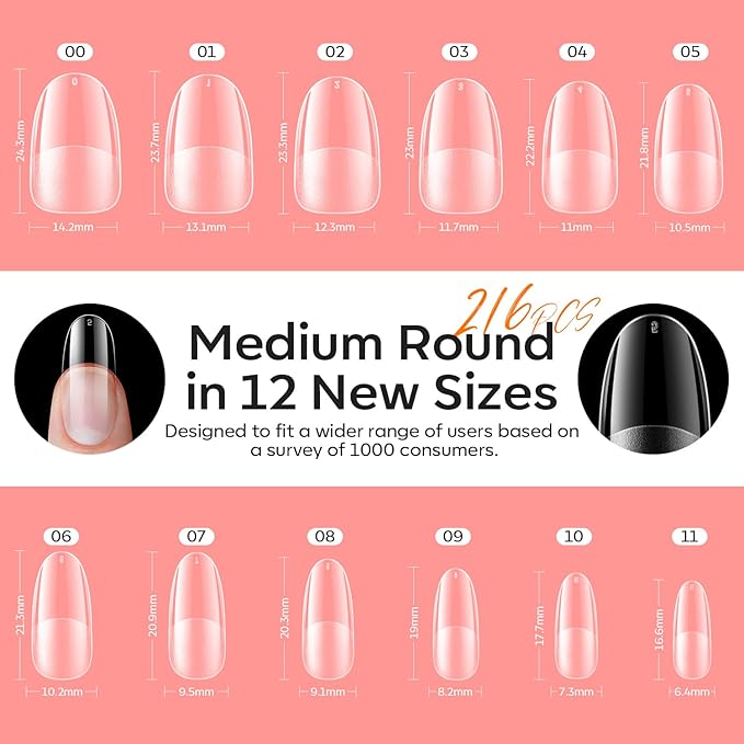 modelones Medium Oval Gel Nail Tips Kit, 9-in-One Nail Glue with Portable U V Lamp 216Pcs 12Sizes Pre-Etched Round Press ons Fake Acrylic Extension Kit DIY Salon Gift for Women