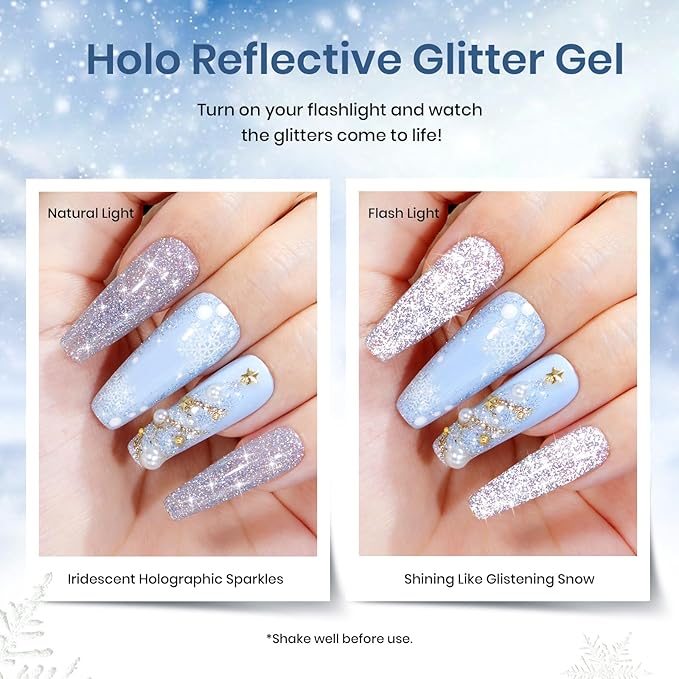 Beetles Easter Gel Nail Polish Set 5 Winter Colors Dark Blue Glitter White Light Blue Silver Gel Polish with Sealing Gel Sugar Dust Powder Nail Sticker UV LED Needed Gifts for Women Sparkling Snow