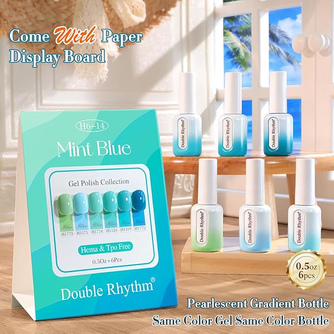 Double Rhythm 6 Pcs Hema Free Gel Polish Set 0.50 OZ Same Color Same Bottle Soak Off Neutral Natural Milky Gel Polish Kit Nail Art Manicure Salon DIY at Home (Pale Green Mint Blue Teal-H6-14)