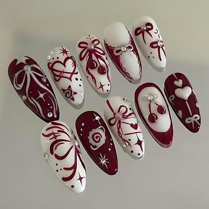 30pcs Valentines Press on Nails Medium Almond Fake Nails Heart Bow Star False Nails with 3d Pearl Rhinestones Designs Glue on Nails Red Cherry Full Cover Artificial Stick on Nail Decoration for Women