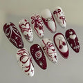30pcs Valentines Press on Nails Medium Almond Fake Nails Heart Bow Star False Nails with 3d Pearl Rhinestones Designs Glue on Nails Red Cherry Full Cover Artificial Stick on Nail Decoration for Women
