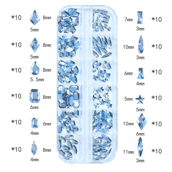 HNUIX Nail Rhinestones - 3D Multi Shape Size Crystal, Light Blue Nail Gems, Flat Back, with Kit, for Nail Art, DIY Decorations