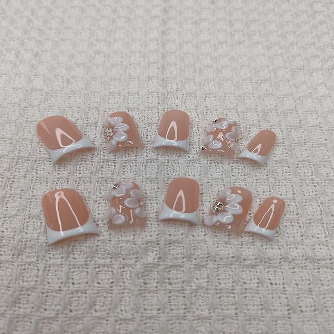Handmade Nails Duckbill Euro American Style Nude Pink French White 3D Cute Flower Diamond Accents Gentle Sweet Skin Brightening Glossy Surface Fashion Manicure Press on Nails 10 pcs (M)