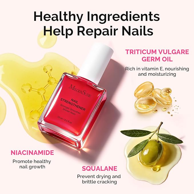 MelodySusie Nail Strengthener and Growth Treatment, 2-in-1 Ridge Filling Base Coat & Glossy Concealer Polish for Damaged Nail Repair and Healthy Shine,Gifts for Women 15ml 0.5 Fl Oz Red