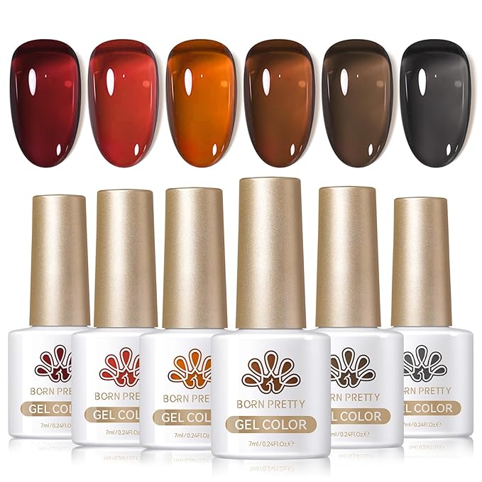BORN PRETTY Jelly Gel Nail Polish Fall Winter Amber Crystal Brown Orange Burgundy Red Black Gel Polish Transparent Translucent Clear Nail Art Manicure DIY Home Salon 6PCS