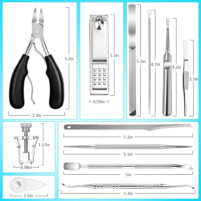Modacraft 11-Piece Toenail Care Kit - Effective Ingrown Toenail Treatment with Toenail Clippers for Thick Toenails, Corrector & Other Pedicure Tools for Feet and Hand