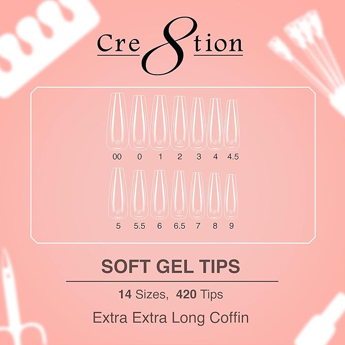 Cre8tion Soft Gel Nail Tips, Extra Extra Long Coffin Shape, 602 Tips in 14 Sizes (00-9) for Professional Nail Extensions