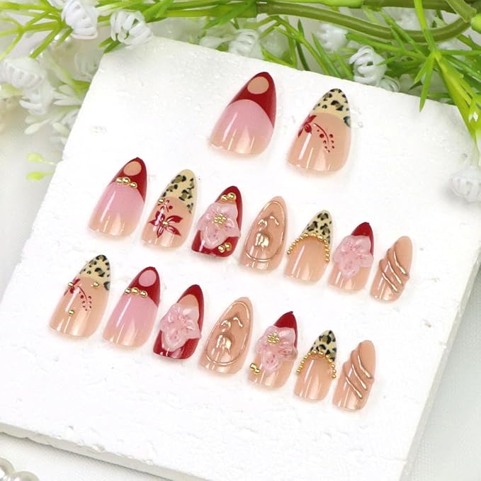 Short Press on Nails Almond Fake Nails with 3D Flower Gold Pearl Leopard Designs Red French Tips Nails Press ons Glossy Nude Pink Acrylic Nail Winter Fall Stick on Nail for Women 24 Pcs