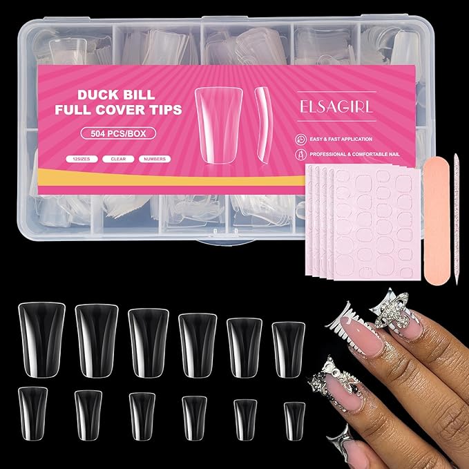 504PCS Duck Nail Tips, 12 Sizes Full Cover, Clear Medium Soft Nail Tips for Acrylic & Press On Nails, Professional Y2K Nails for Daily, Party, Holiday