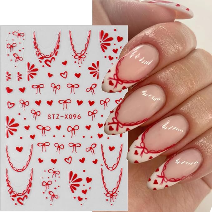 6 Sheets Valentines Day Nail Art Stickers French Tip Nail Stickers Red Pink Love Bow French Designs Cute Nails Art Supplies Romantic Heart Nail Decals for Women Holiday Manicure Decorations DIY