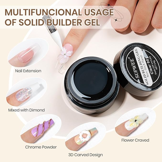 2PCS Clear 3D Sculpting Gel Non-Stick Hand Solid Builder 3D Nail Gel Art with Silicone Pen for 3D Modeling Nail Art Home Manicure DIY for Women