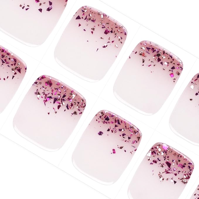 DANNI & TONI Semi Cured Gel Toenail Strips Rose Red Sparkles (Scarlet Gleam) Translucent Toenail Stickers Reverse French Gel Pedi Wraps 37 Stickers