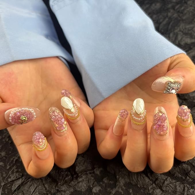Handmade Press On Nails Medium Oval,Gold Chain&Pearl French Nail Tip,10Pcs Acrylic Fake Nails with Charm Design,Glue On Nail with 3D Rhinestone Stick On Woman Fingernails