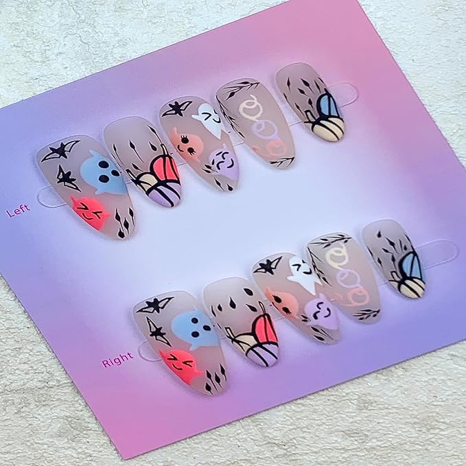 100% Handmade Press on Nails Medium Almond Handmade Nails with Cute Ghost Design Halloween False Nails Glossy Yellow Pumpkin Nail Press ons Reusable Holiday Fake Nails for Women Girls Size M 10Pcs