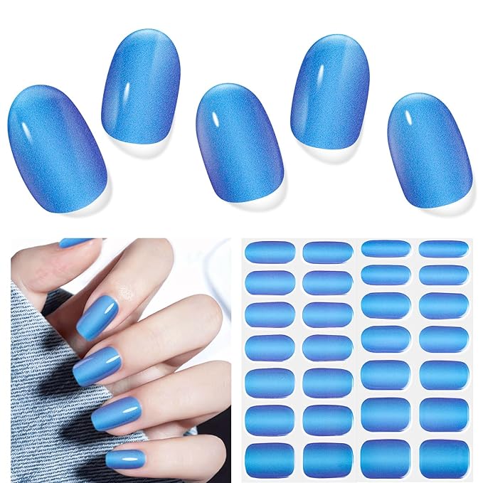 Semi Cured Gel Nail Strips, 28 pcs Gel Nail Stickers Work with Any UV Lights, Long-Lasting Nail Wraps, Stick on Nails for women Easy to Apply & Remove