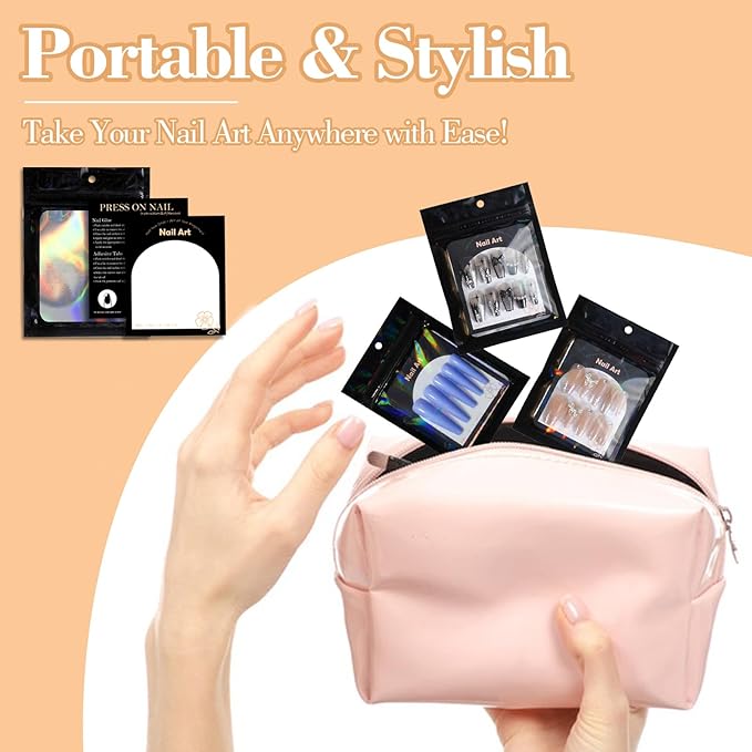 202pcs Press on Nail Packaging Bag, 100pcs Empty Holographic Nail Storage Bag and 100pcs Instruction&Display Black Cardboard with 2 Roll Transparent Tape for Nail Display Profession Salon (Black, 100)