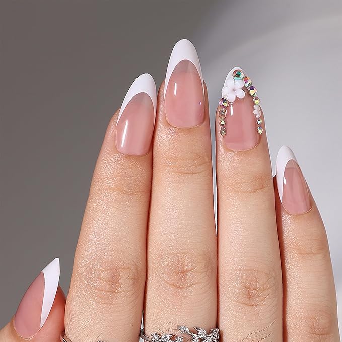 French Tip Press on Nails Almond Short Fake Nails Flower False Nails with Designs Rhinestones Glossy Full Cover Acrylic Glue on Nails Cute Artificial Stick on Nail for Women Manicure 24Pcs