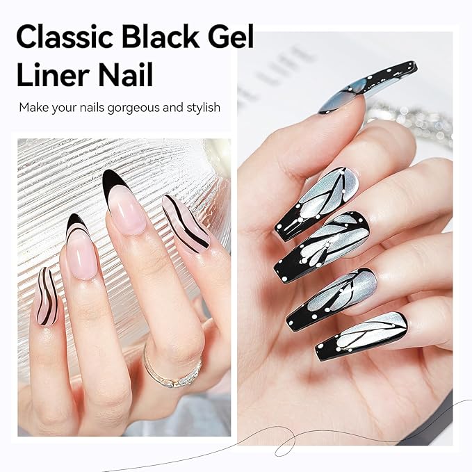 MIZHSE Gel Liner Nail Art, White and Black Painting Gel Polish, Glossy Effect Drawing Line Stripe Swirls French Nail Design DIY Manicure Soak Off Nail Art