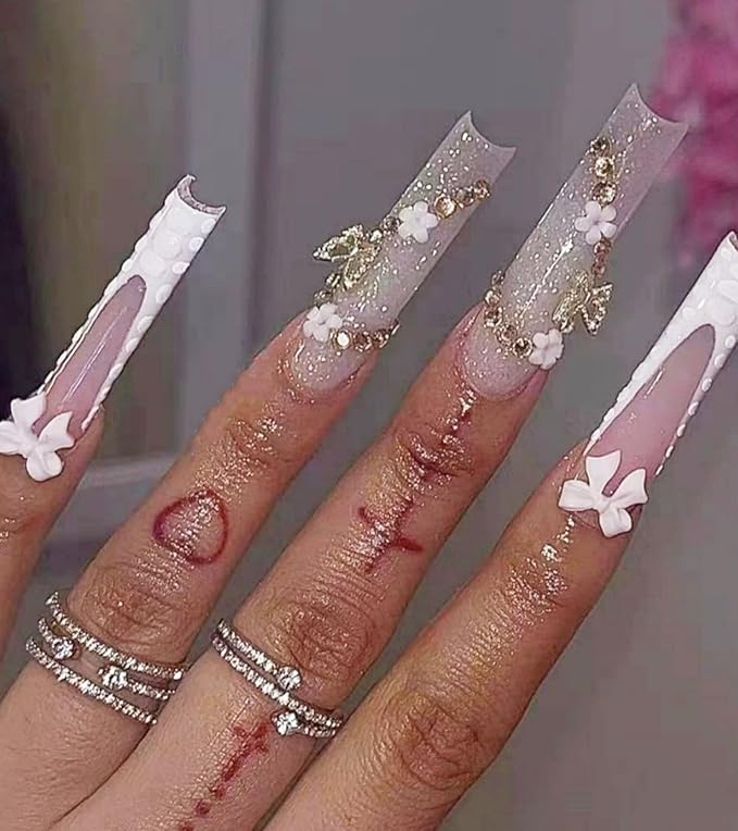 Press on Nails Square - Extra Long Fake Nails with 3D Flowers and Bows, White French Tips Pink False Nail with Glue Sticker, Stick On Nails for Women, 12 Sizes - 24 Nail Kit, Gilded Accents
