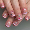 Press on Nails Extra Short Square MABKJLF Pink French Tip Fake Nails False Nails with Designs Colorful Stars Nude Pink Glossy Glue on Nails Cute Stick on Nails for Women Girls 24 Pcs