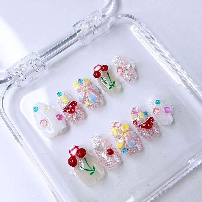 Short Almond Press on Nails Luxury Handmade Nails with Glue,3D Cherry Mushroom Rhinestone Designs False Nails Handmade Nail Press ons Muti-Layer Gel French False Nails for Women (Size S)