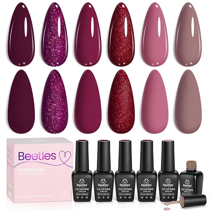beetles Burgundy Gel Polish Set - Berry Merlot 6 Colors Plum Gel Polish, Cherry Mocha Red Glitter Dark Purple Wine Nails Color, U V LED Soak Off Home DIY Manicure Nail Salon