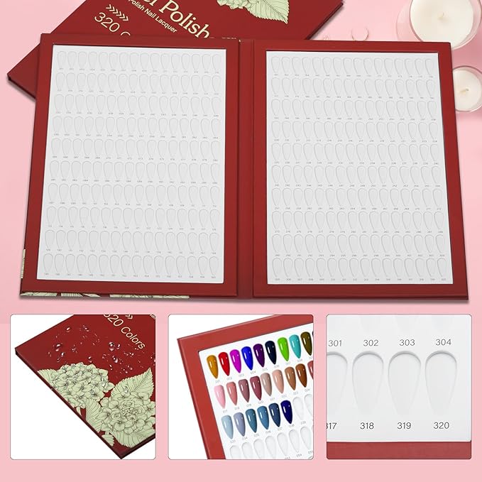320 Nail Color Chart Book,Nail Color Display Book with 480 Nail Tips & 1-400 Number Labels,Professional Nail Color Swatches Book for UV Gel Polish Nails Art Design(Red)