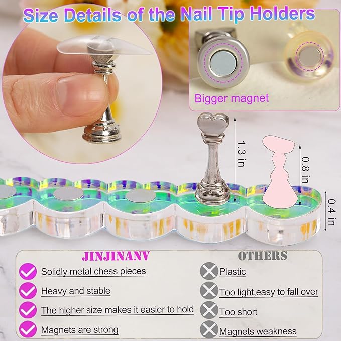 2 Set Nail Stands, Thickened Metal Nail Stand for Press Ons, Aurora Heart Nail Polish Holder for Painting, Fake Nail Display Stand Nail Practice Magnetic Nail Art Tools w/ 100Pcs Reusable Glue Tabs