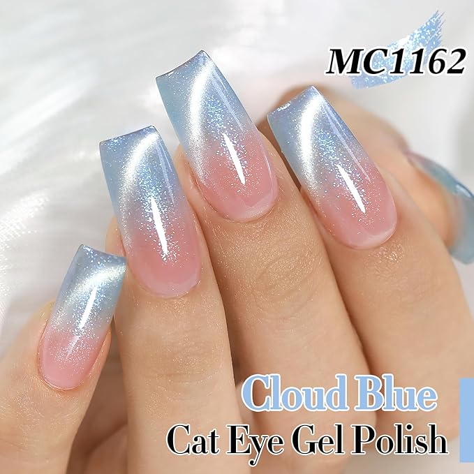 Double Rhythm 0.5 Oz Cat Eye Gel Polish with Magnet Same Color Same Bottle Holographic Glitter Shimmer Translucent Color Salon 15 ML Magnetic Nail Art (Mermaid Blue-MC1162)