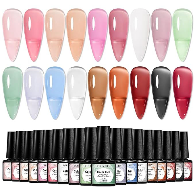 Jelly Gel Nail Polish Set, 18 Colors Translucent Nude Pink Milky White Red Gel Polish Sheer Crystal Ice Nail Polish Set for Nail Salon DIY Home Holiday Gifts for Her