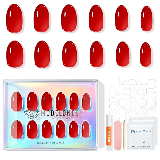 modelones Sheer Red Short Press on Nails, Semi-Transparent Oval Fake Nails Kit Press Ons with Nail Glue, Adhesive Tabs, Nail File, Prep Pad, Manicure Stick, 32Pcs 16 Sizes, Spring Women Girl Gift