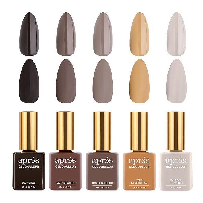 APRÉS Gel Couleur Combo Set, 5 Color Gel Nail Polish, HEMA-Free & TPO-Free, Bright Nude Pastel Colors with Brush-X Nail Art Brush (Clay & Cashmere)