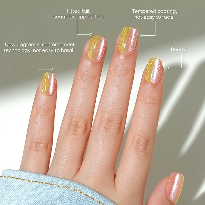 Press on Nails Short, Jofay Fashion Fake Nails, Two-color Ombre Cat Eye Press on Nails, Summer Acrylic False Nails, Reusable Stick on Nails for Women Girls, Glue on Nails Kit 32 Pcs, Sunny Beach