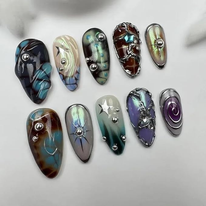 Gradient Press on Nails Handmade Press on Nails Punk Rock Gothic Cool Designs Stars Fake Nails Full Cover French False Nails Medium Almond 3D Silver Steel Ball False Nails for Women (Size M)