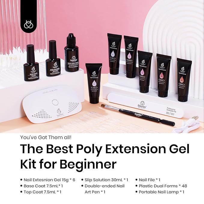Beetles Gel Polish Poly Nail Gel Nail Kit - 6 Colors Poly Nails Extension Gel with Mini Led Lamp Kit ,Spring Nude Clear Pink All In One Starter Kit Builder Jelly Manicure Enhancement Women Gifts