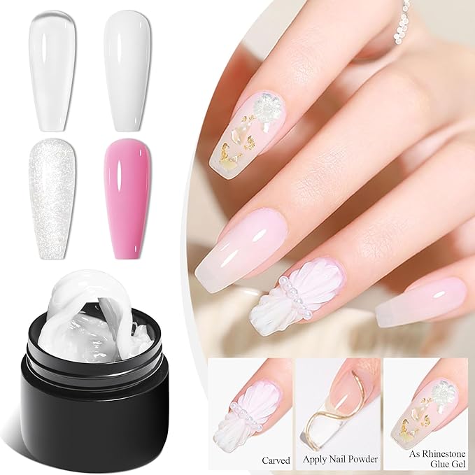 MEET ACROSS All-in-One Extension Mini Kit Non-Sticky Builder Gel Starter Kit WIth Base & Top Coat/Dual-Silicone Pen/Pro File/20-Pc Reusable Dual Forms Salon-Grade Extensions (Clear+White+Glitter+Pink)