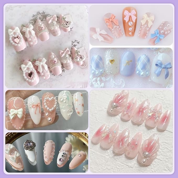 BELLEBOOST 1 Box 3D Bow Nail Charms and Flatback Pearls Set 7, 120 Pcs Cute Bow Charms in 6 Colors for Nail Design + 2-4mm White Nail Pearls with Pickup Tweezer and Pencil for Nail Art Decoration