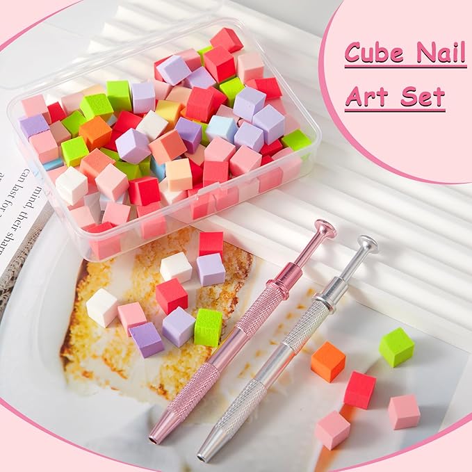 100pcs Colorful Cube Nail Sponges for Ombre, 2pcs Pink and Silver Metal Clip Pens for Grabbing Nail Art Sponge Ombre Nail Brush for Nail Art