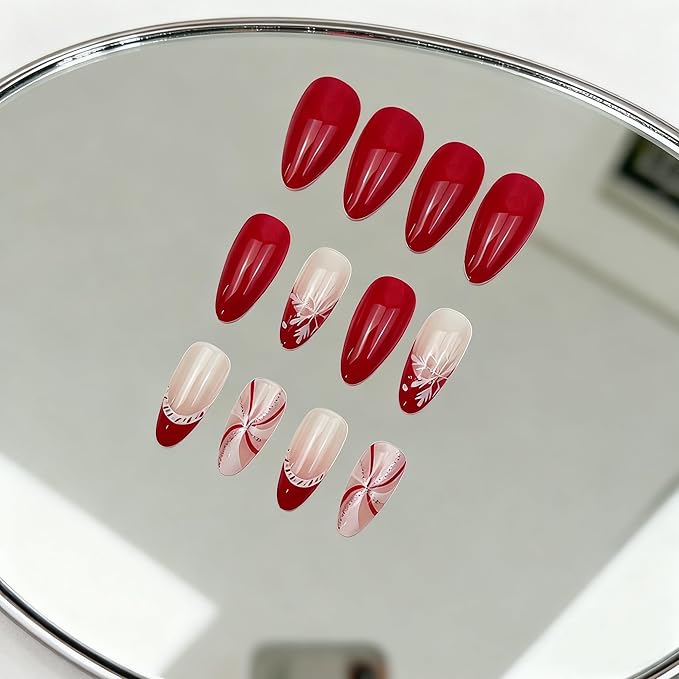Press On Nails Almond Christmas, Press on Nails Short, Glue On Nails for Women Gift, Supremely Fit Natural Reusable Stick On Nails in 12 Sizes -24 Fake Nails Kit, Ribbon Snowflake