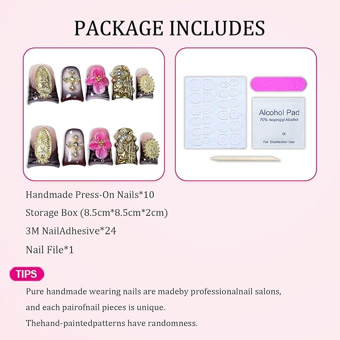 Luxury Pink Flower Press on Nails Handmade 3D Golden Embossed Fake Nails Designs Rhinestones Gradient French Tip Stick on Nail Glossy Short Duck Thicked Acrylic Nails for Women (S)