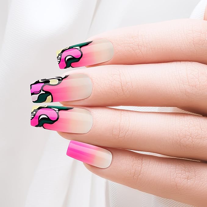 Goldfinger Trendy False Nails Kit, Long Square Design Nail, Playful Classic Vibrant Pink Abstract Print, Ready to Wear Gel & Manicure Stick Included, Long-Lasting Convenient & Easy to Apply