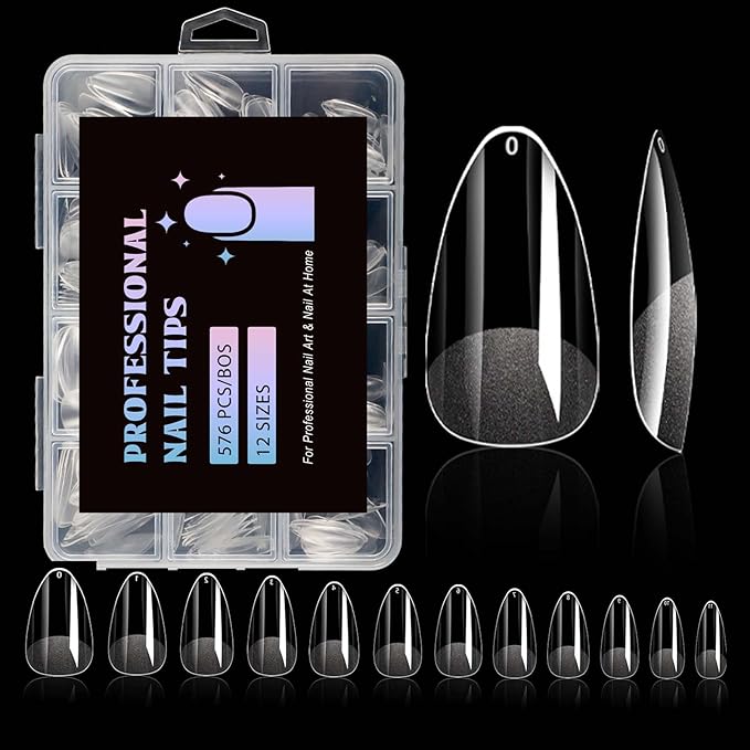 Lsnisni Short Almond Nail Tips, 576PC Gel Acrylic Nail Tips, Clear Nail Tips, Nail Supplies Suitable for Women or Girls to DIY Nails 12 Sizes For Your Choice!