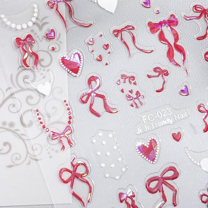8 Sheets Valentines Day Nail Stickers for Nail Art Self-Adhesive Cute Bow Nail Art Stickers 3D Laser Bowknot Heart Star Nails Decals Red White Design French Tip Manicure Decorations Supplies for Women