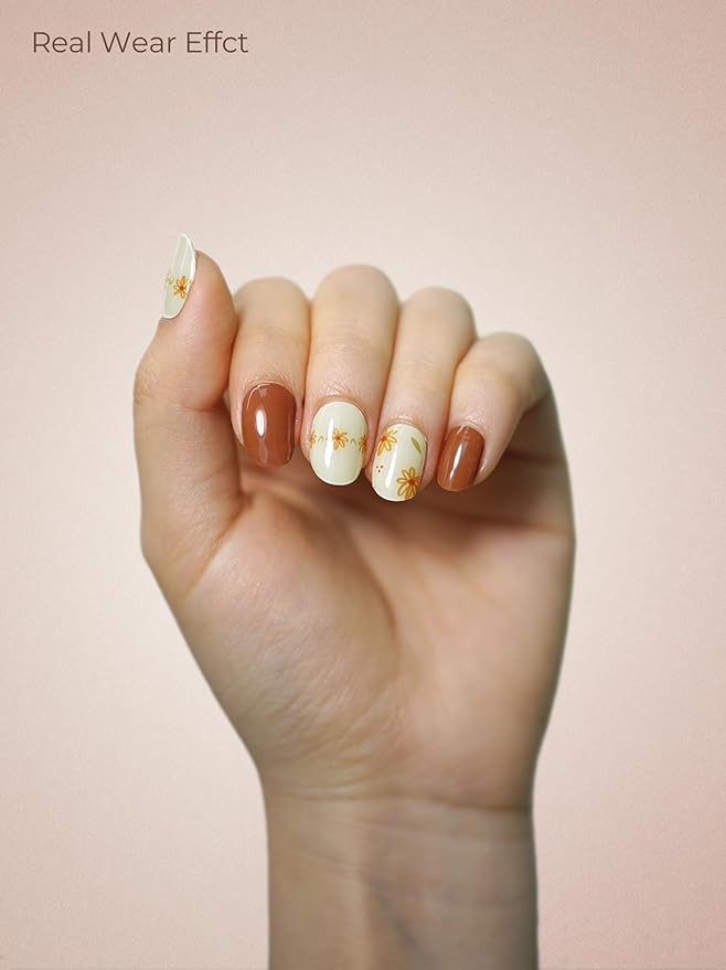 Real Gel Nail Strips (No UV Light Needed) - 44Pcs Salon Quality Nail Stickers - Long Lasting Polish Wraps for Women, Easy Apply & Remove (Marigold Dream Brown)