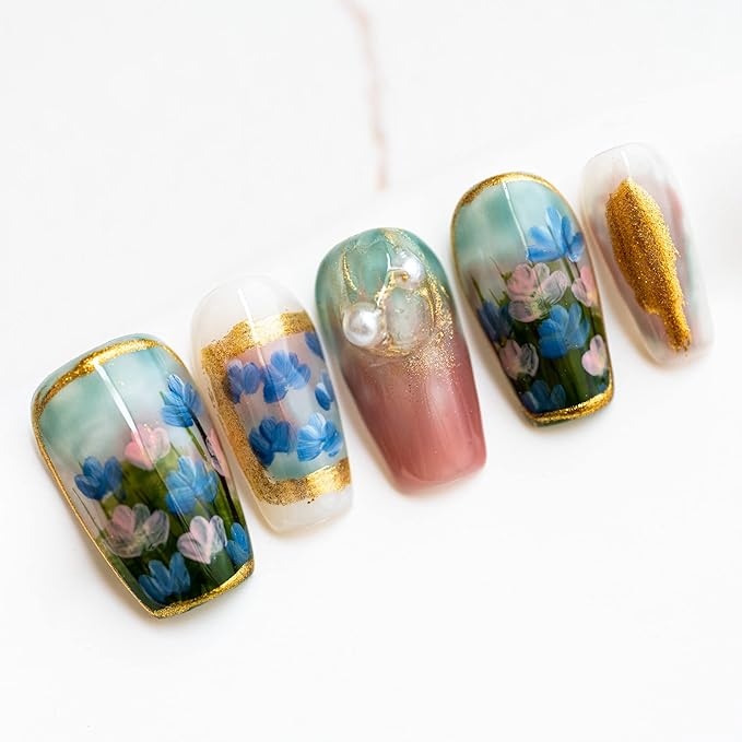 Sun&Beam Nails Handmade Press On Nail Medium Long Coffin Ballerina Green Flower Painting Fake Tip 3D Design Art Charms Cute with Storage Box 10 Pcs (#013 L)