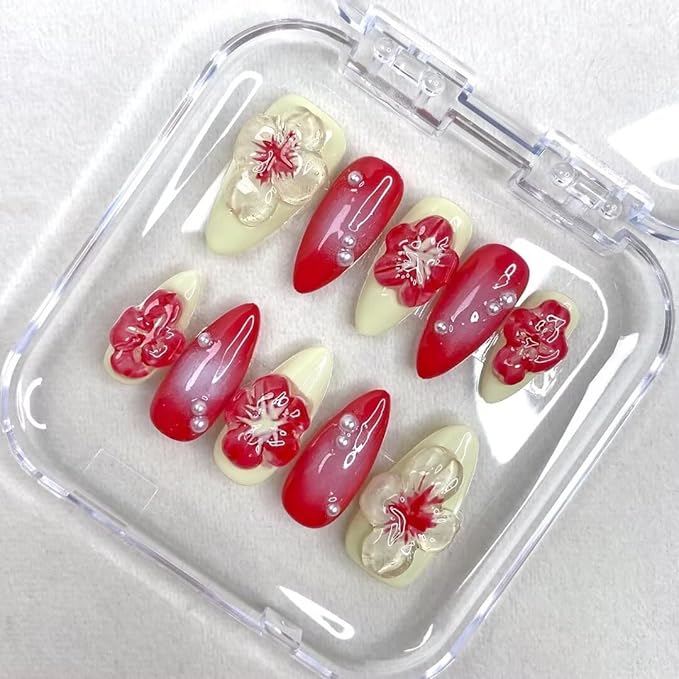 Handmade 3D French Art Press On Nails for Women - Reusable Almond False Nails, 10PCS ABS Artificial Fingernails with Nail Tip Design for Salon & Home Use (Size L)