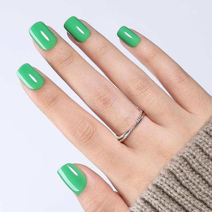 Green Press On Nails Square - Green Short Square Fake Nails, Press On Nails Reusable Stick On Nails in 15 Sizes 30pcs False Nail Kit for Women & Girls (FreshGreen)