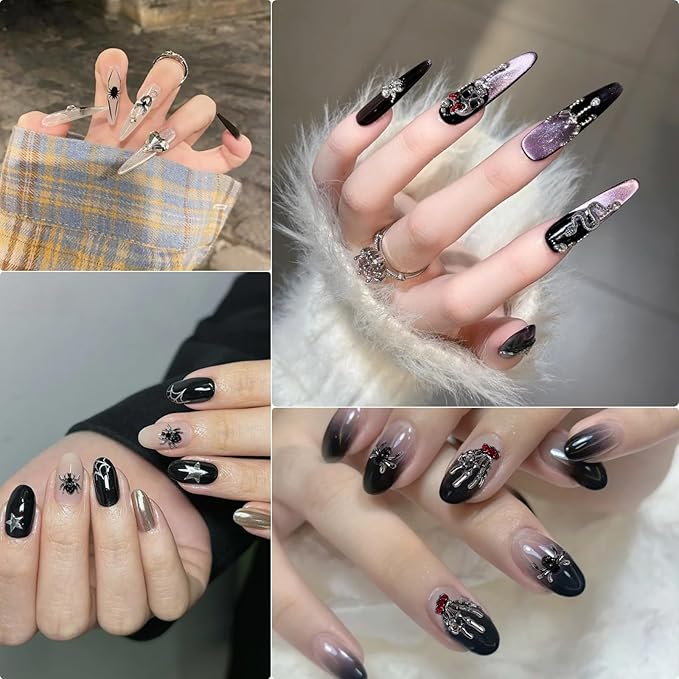 Halloween Nail Charms,32pcs Ghost Head Skull Hand Spider Web Nail Gems with Rhinestones,Retro Skeleton Spider Cross Gold Silver Alloy Nail Art Decorations for DIY Halloween Nail Design (Mixed C)